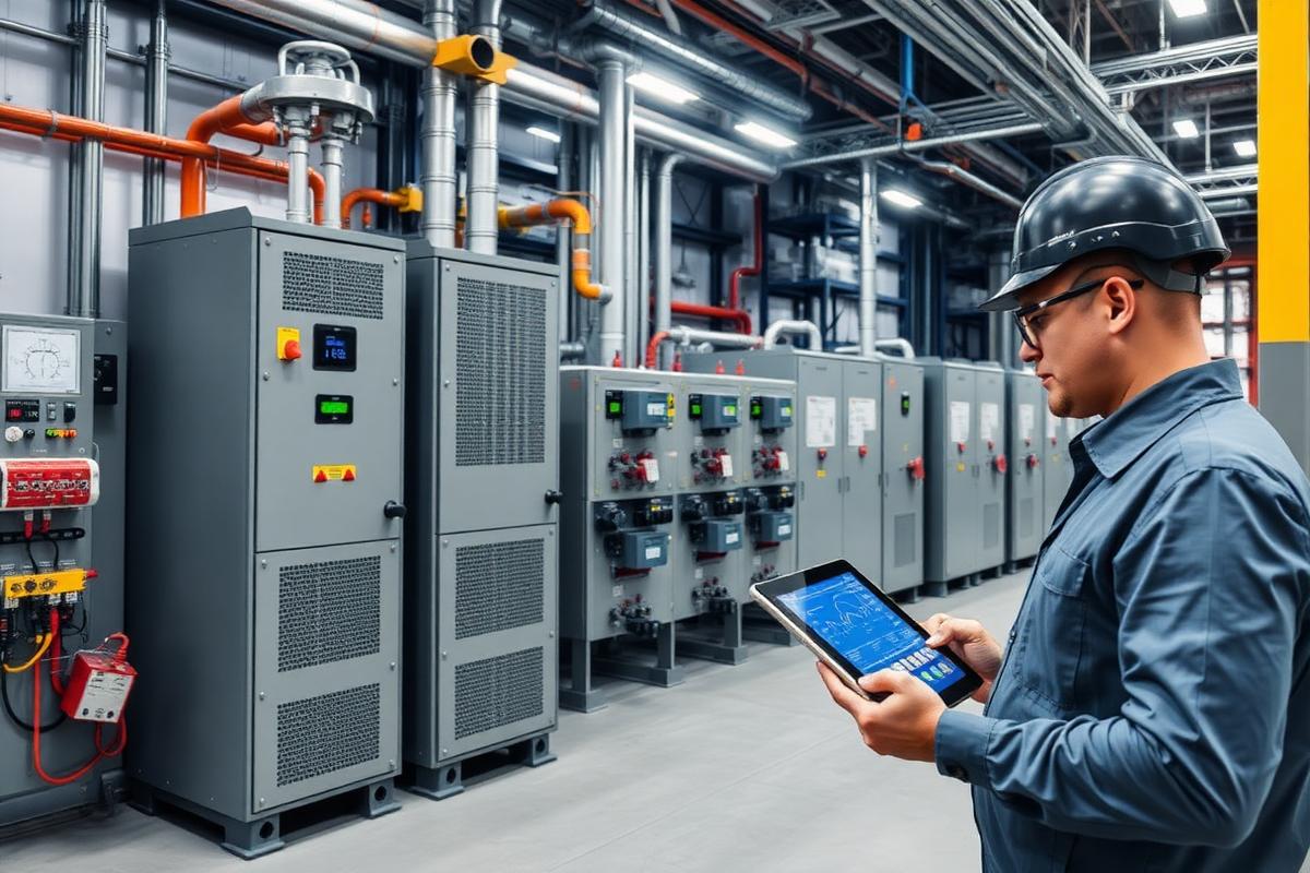 Engineer reviewing power quality readings beside harmonic filter cabinets in a Las Vegas industrial facility