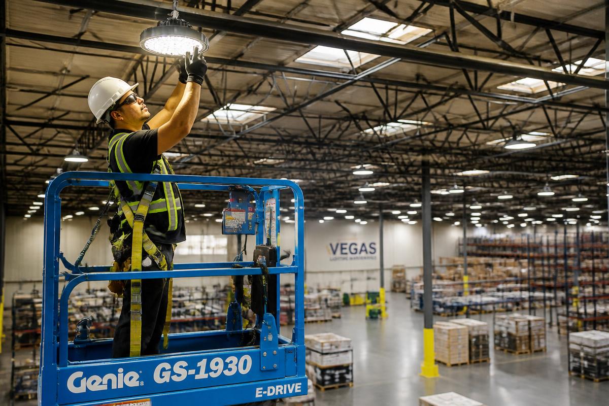Technician on a lift performing commercial lighting maintenance in a Las Vegas warehouse
