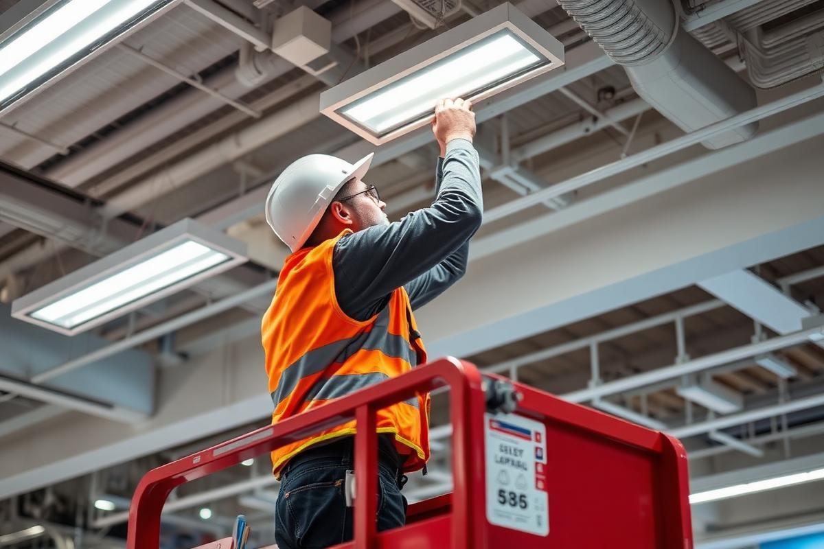 Technician installing a new commercial LED fixture