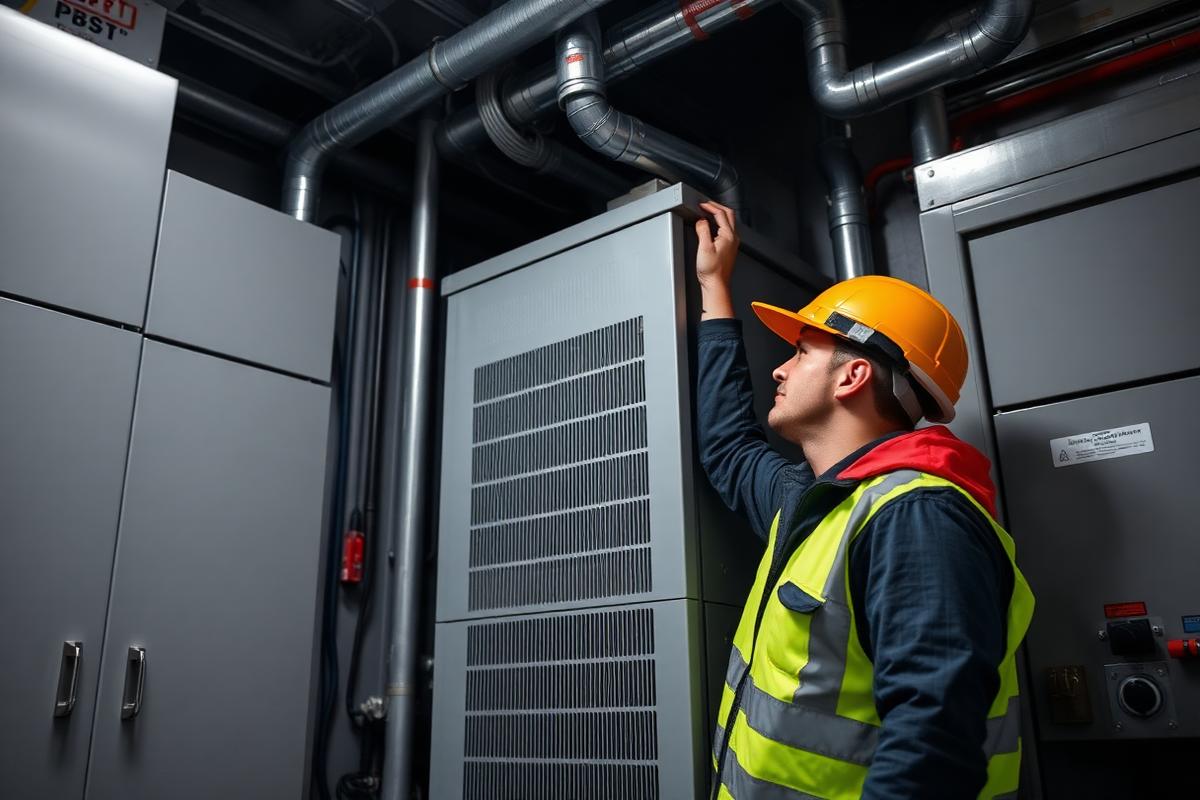 Technician installing a commercial power conditioning unit in a Las Vegas facility electrical room
